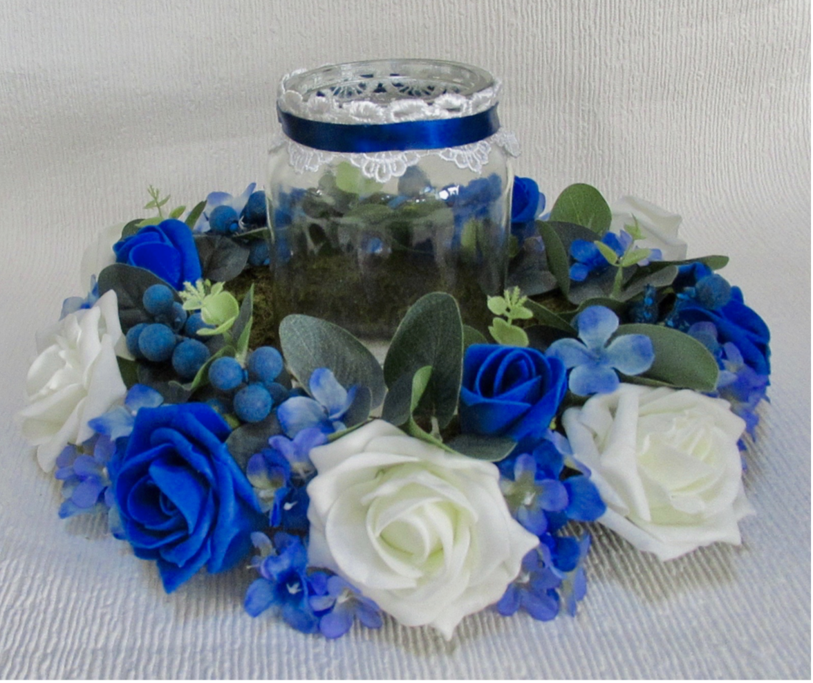 Royal Blue & White Wreath, royal blue and white weddng flowers